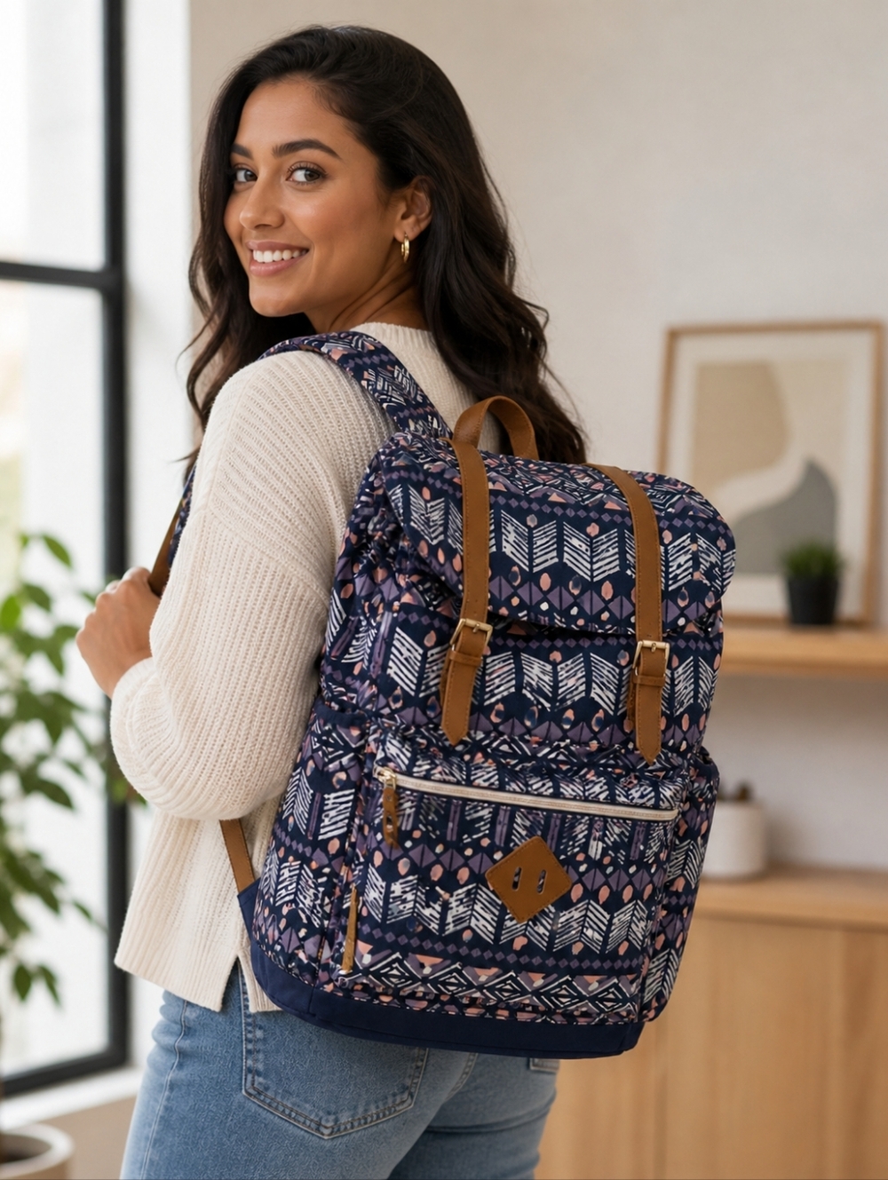 Large navy geometric backpack with pink and purple accents